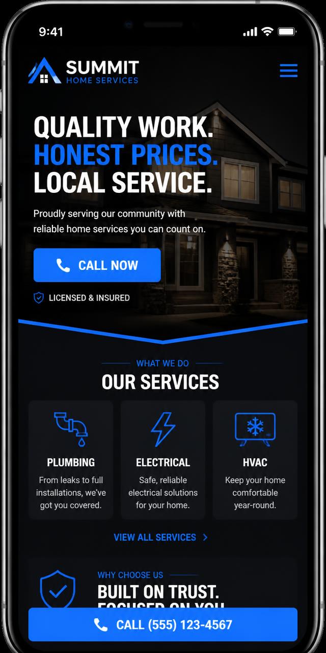 The same concept website shown responsive on a smartphone